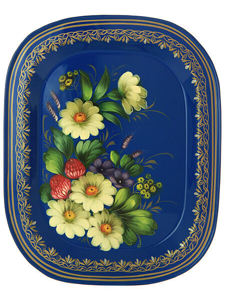 Поднос с росписью "Полевые цветы на синем фоне" 26*22 см, арт. А-6.46