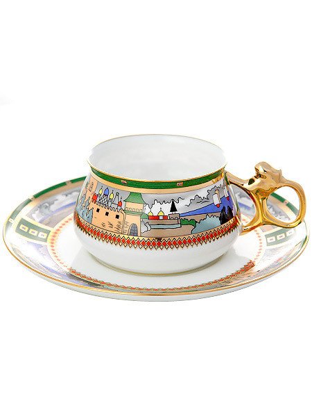 Кофейная чашка с блюдцем «Деревня на озере», форма «Билибина», Императорский фарфор