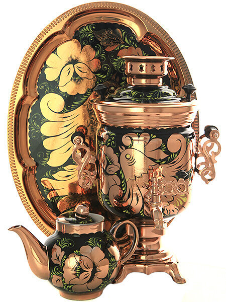 Набор самовар электрический 3 литра с росписью "Золотые цветы на черном фоне" (медный фон)