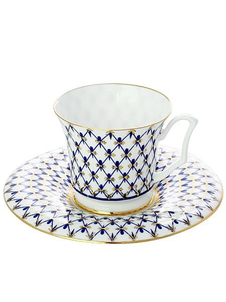 Кофейная чашка с блюдцем «Кобальтовая сетка», форма «Юлия», Императорский фарфор